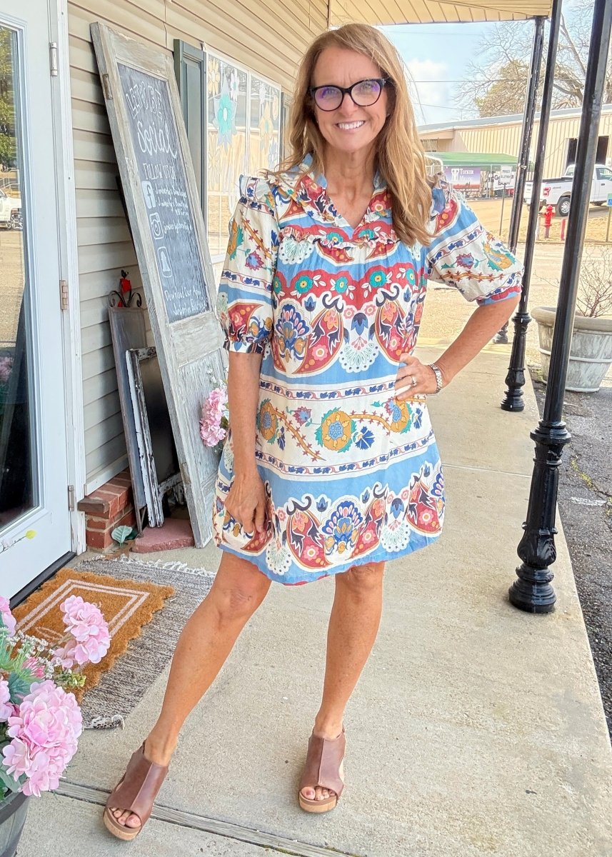 Border Print Dress - Blue Mix - Umgee Dress - Jimberly's Boutique - Olive Branch - Mississippi
