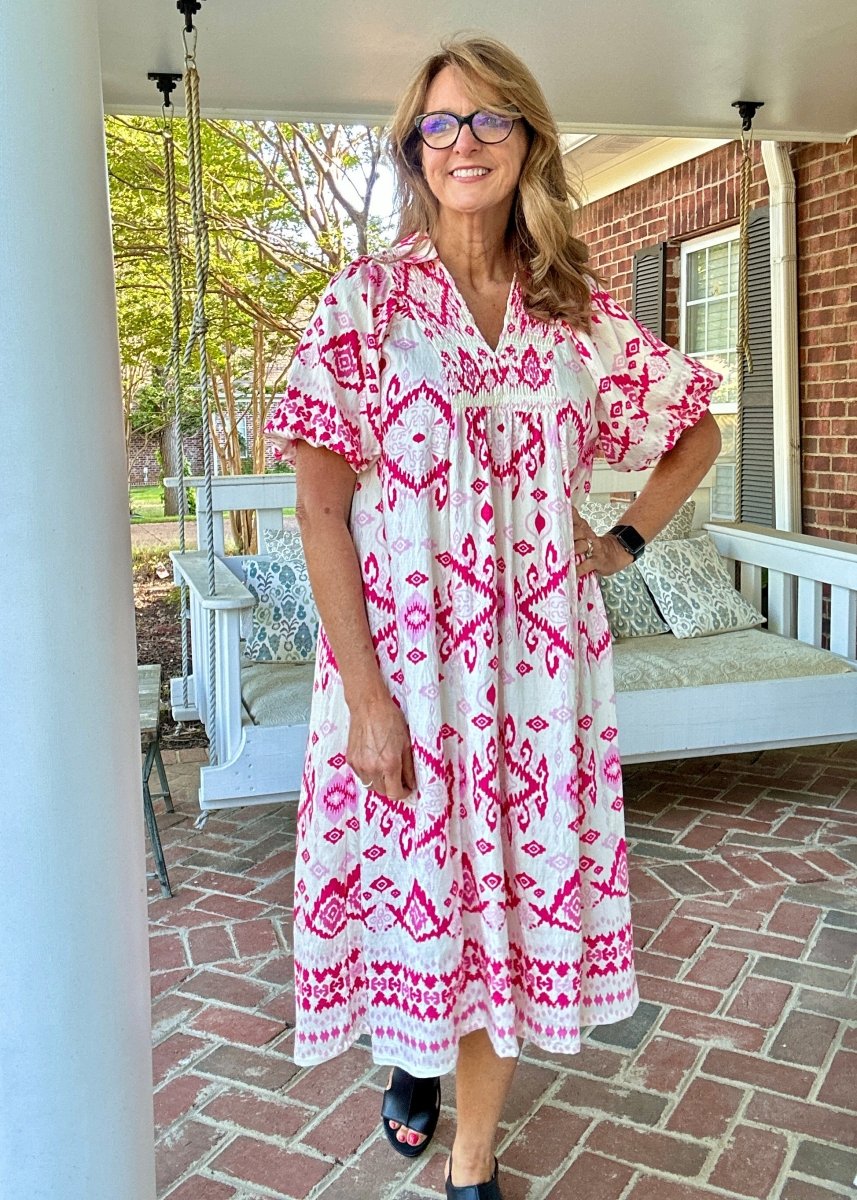 Border Print Midi Dress - Pink | Umgee - Umgee Dress - Jimberly's Boutique - Olive Branch - Mississippi