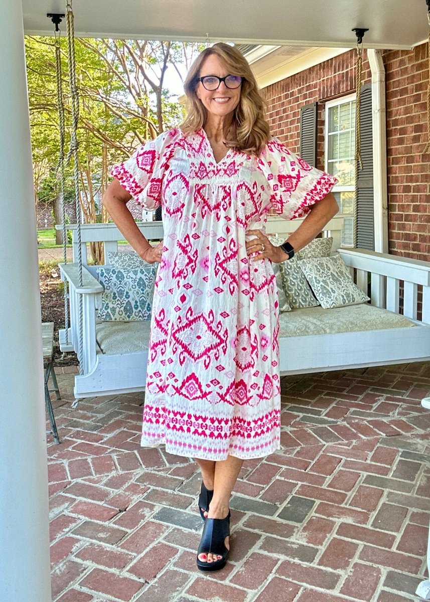 Border Print Midi Dress - Pink | Umgee - Umgee Dress - Jimberly's Boutique - Olive Branch - Mississippi