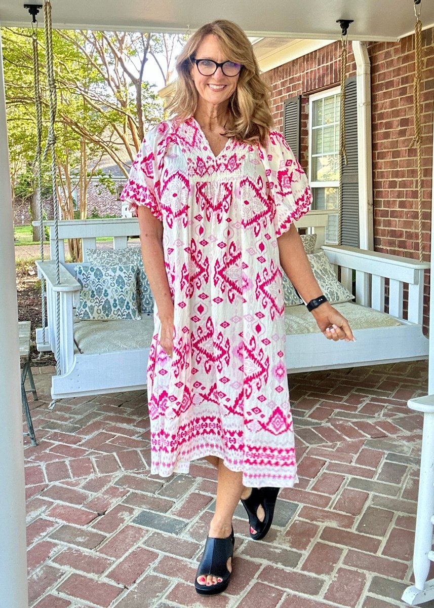 Border Print Midi Dress - Pink | Umgee - Umgee Dress - Jimberly's Boutique - Olive Branch - Mississippi