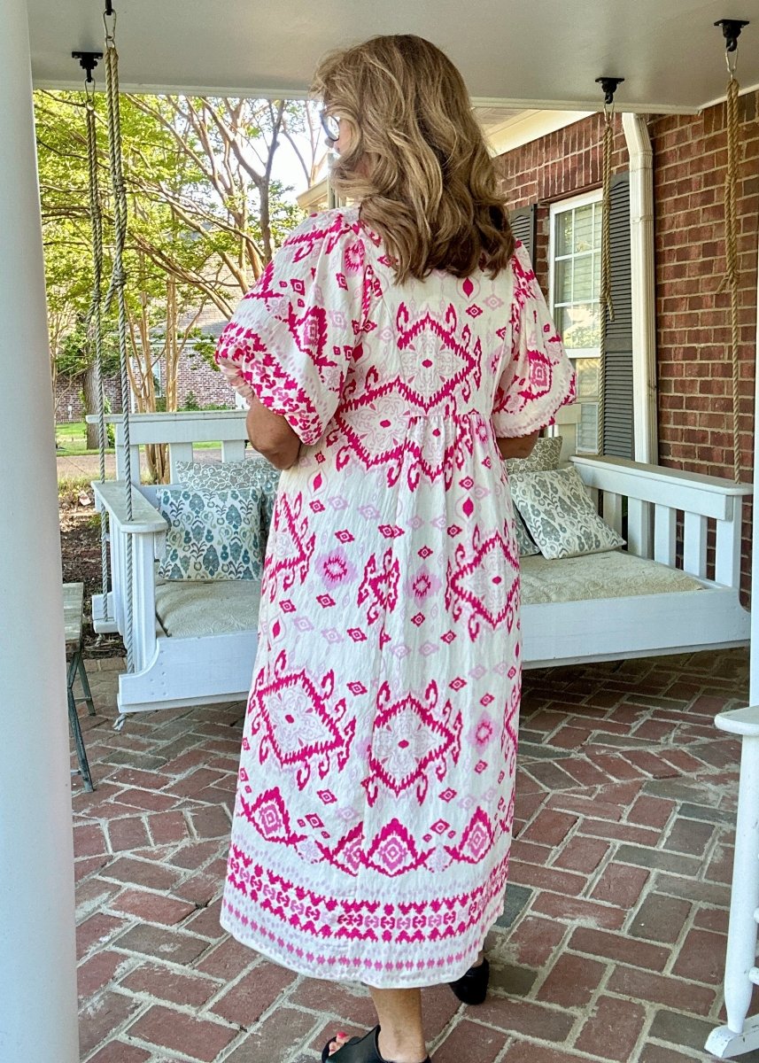 Border Print Midi Dress - Pink | Umgee - Umgee Dress - Jimberly's Boutique - Olive Branch - Mississippi