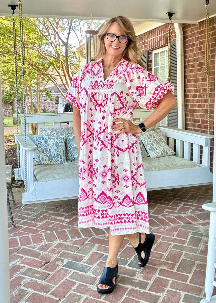 Border Print Midi Dress - Pink | Umgee - Umgee Dress - Jimberly's Boutique - Olive Branch - Mississippi