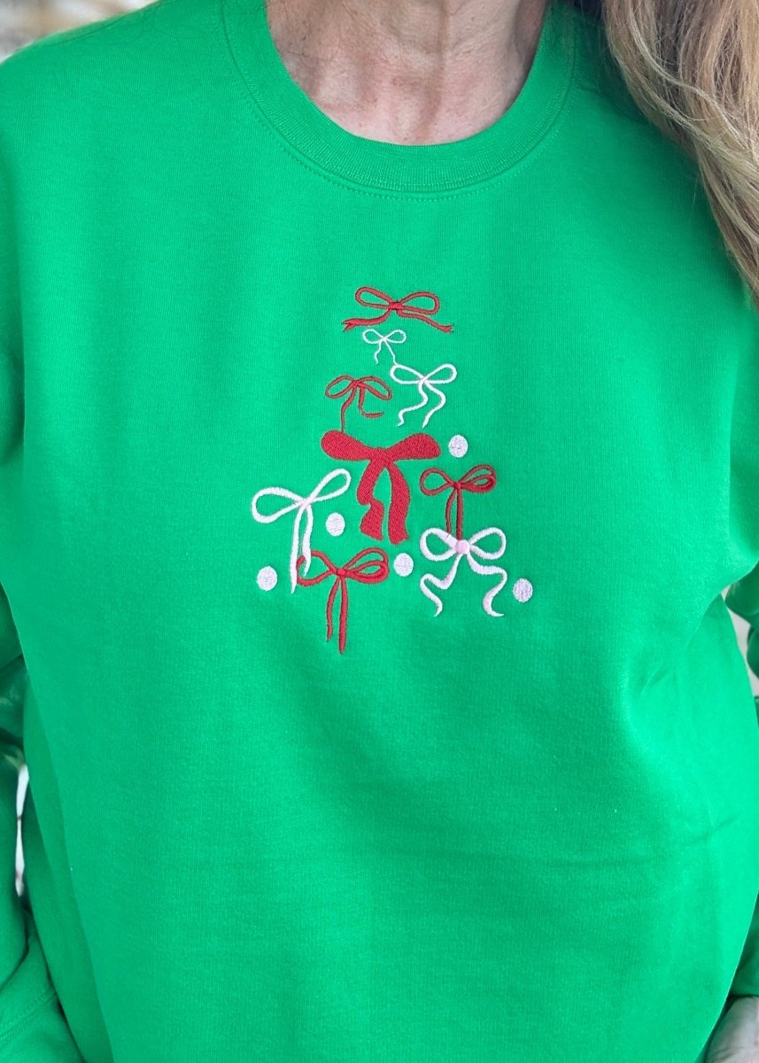 Bow Christmas Tree Embroidered Sweatshirt - Green - Embroidered Sweatshirt - Jimberly's Boutique - Olive Branch - Mississippi