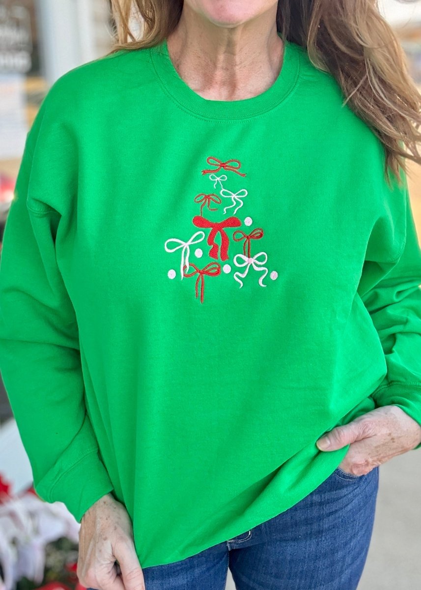 Bow Christmas Tree Embroidered Sweatshirt - Green - Embroidered Sweatshirt - Jimberly's Boutique - Olive Branch - Mississippi