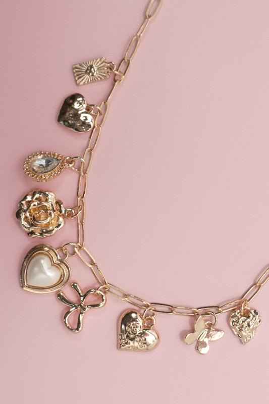 Bow Heart Rhinestone Flower Charm Necklace - Jimberly's Boutique - Olive Branch - Mississippi
