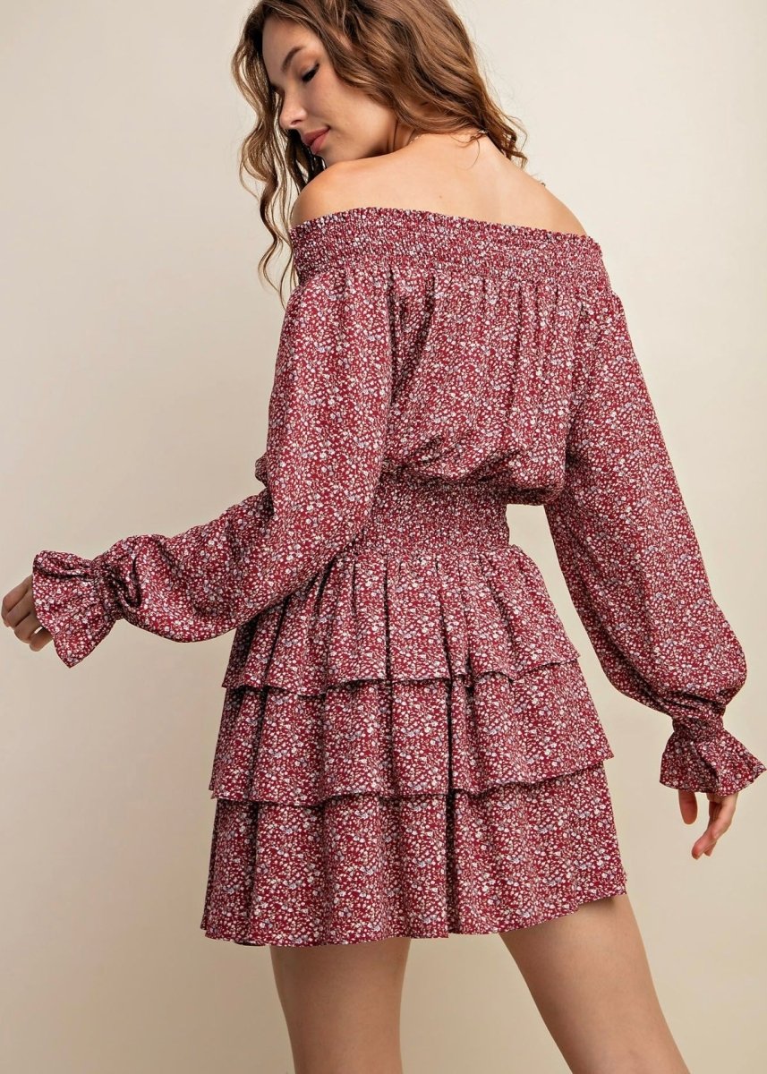 Burgundy Print Smocked Neckline Dress - dress - Jimberly's Boutique - Olive Branch - Mississippi