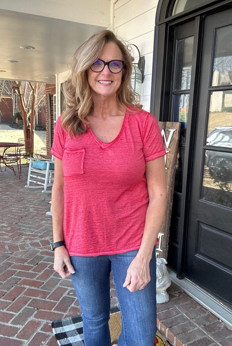 Burnout Scoop V Neck Top - Ruby - Casual Top -Jimberly's Boutique-Olive Branch-Mississippi