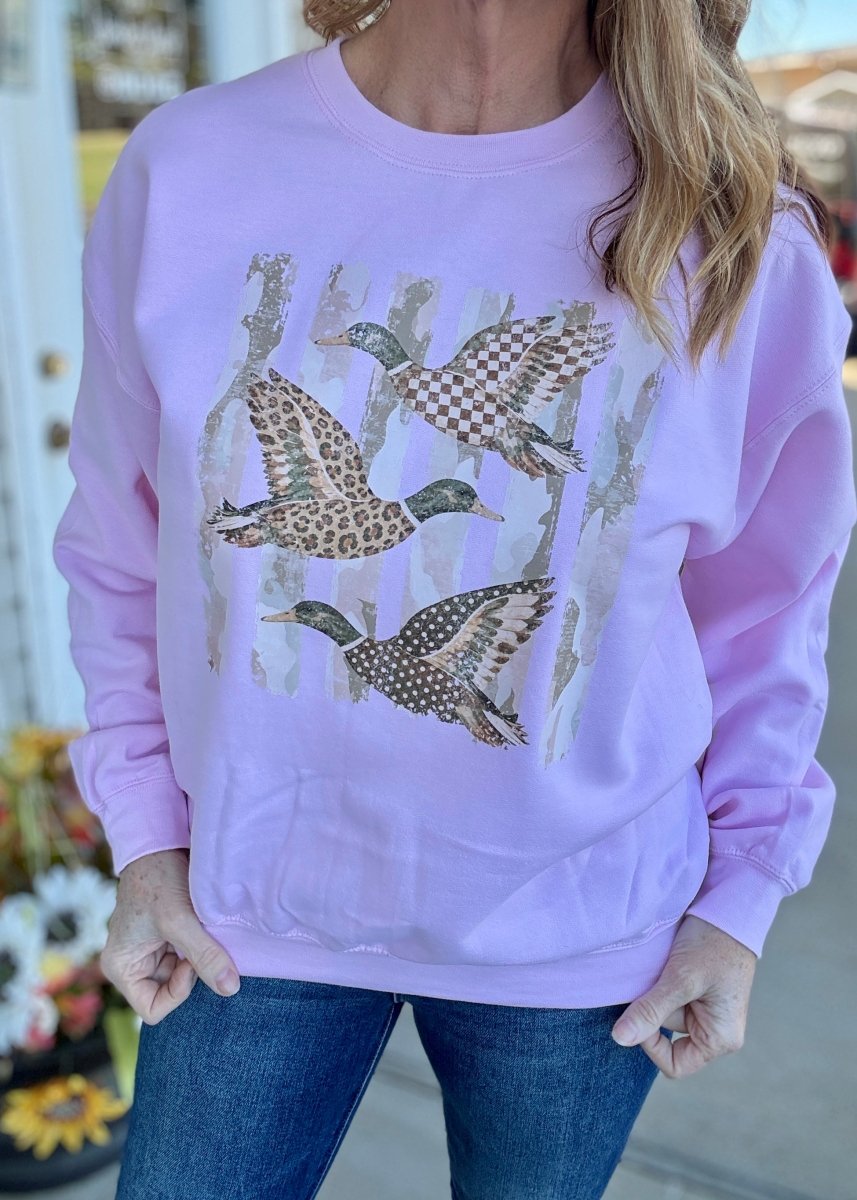 Camo Flying Mallards Sweatshirt - Light Pink - Graphic Sweatshirt -Jimberly's Boutique-Olive Branch-Mississippi
