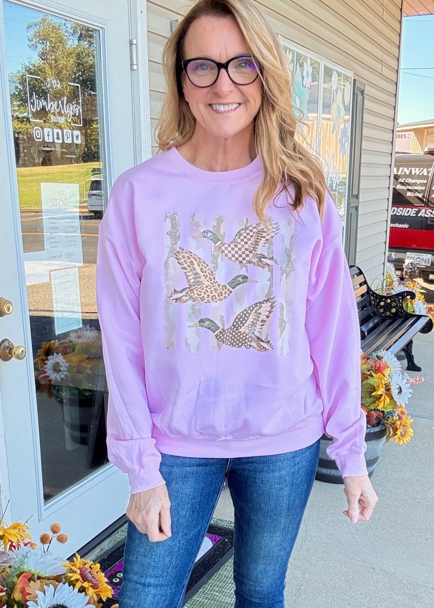 Camo Flying Mallards Sweatshirt - Light Pink - Graphic Sweatshirt -Jimberly's Boutique-Olive Branch-Mississippi