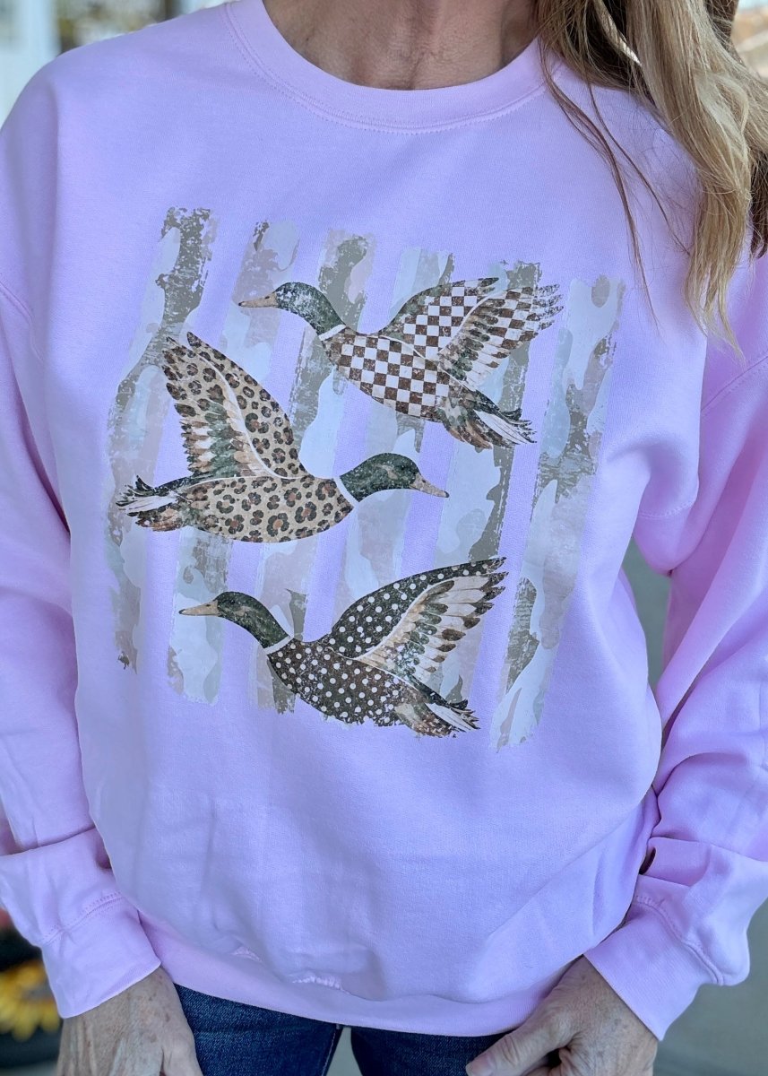 Camo Flying Mallards Sweatshirt - Light Pink - Graphic Sweatshirt -Jimberly's Boutique-Olive Branch-Mississippi