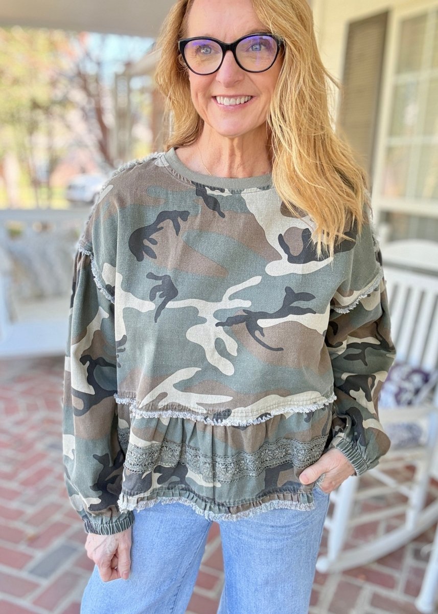 Camo Ruffled Hem Top | BiBi - top -Jimberly's Boutique-Olive Branch-Mississippi