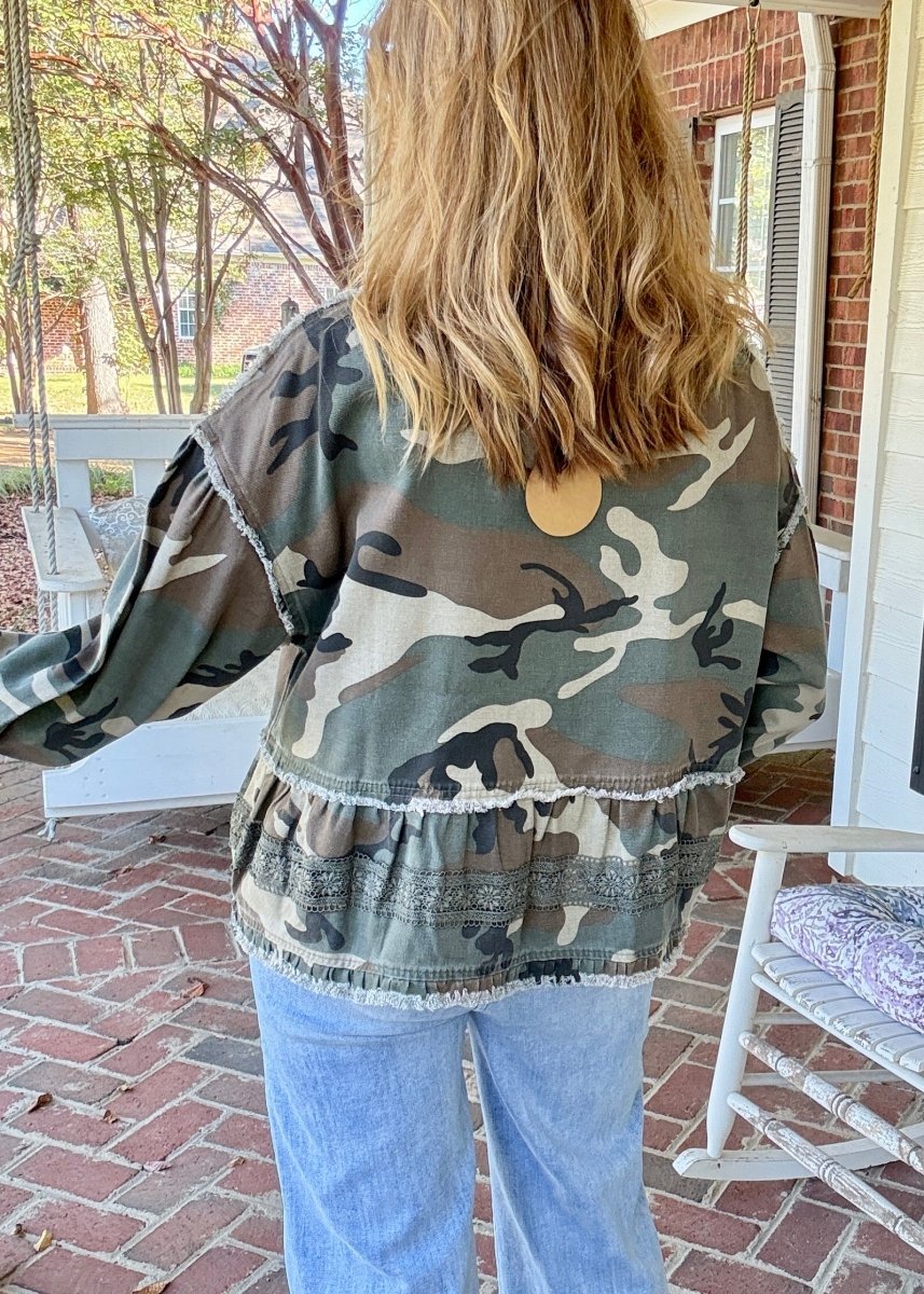 Camo Ruffled Hem Top | BiBi - top -Jimberly's Boutique-Olive Branch-Mississippi