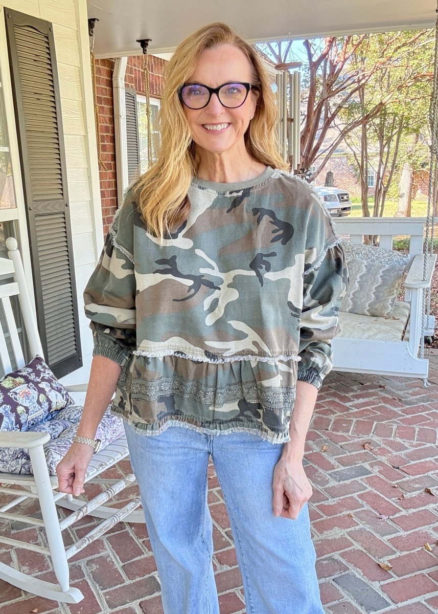 Camo Ruffled Hem Top | BiBi - top -Jimberly's Boutique-Olive Branch-Mississippi