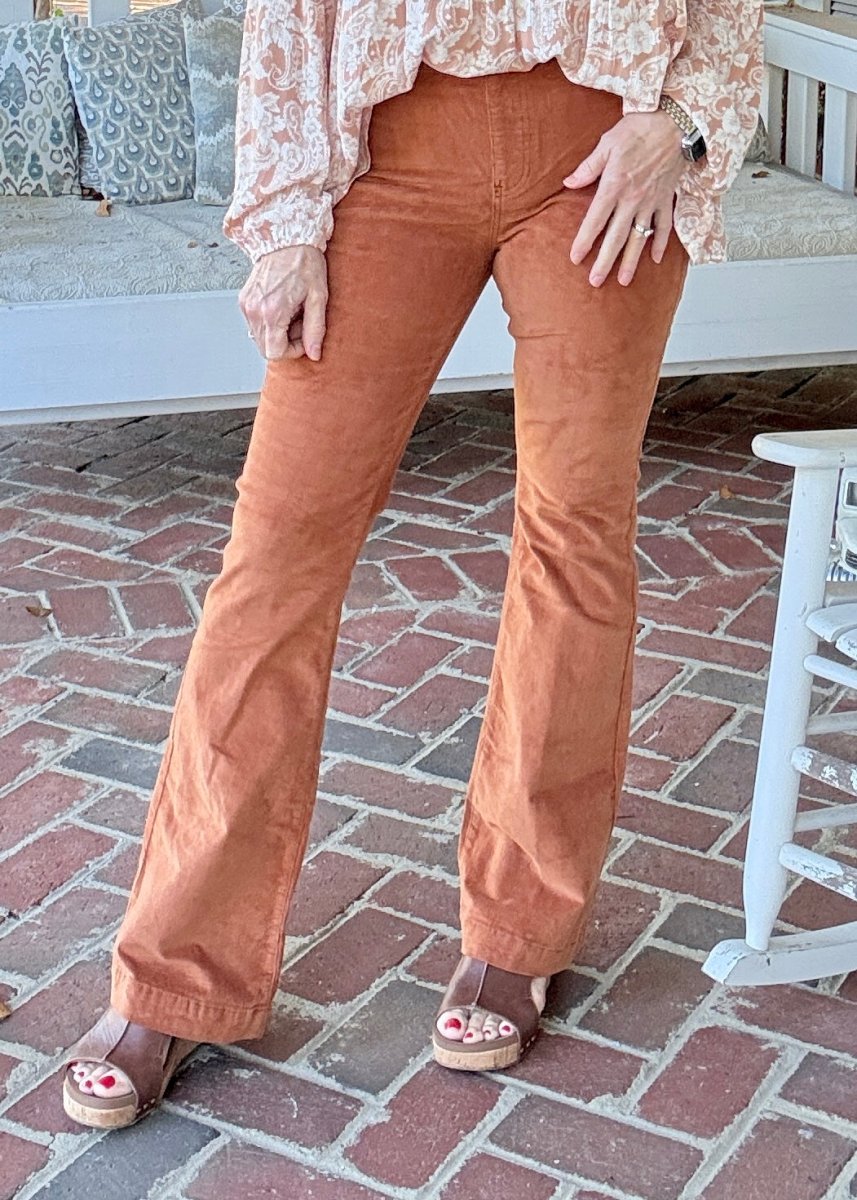 Caramel Corduroy Pull On Flares - corduroy flare jeans - Jimberly's Boutique - Olive Branch - Mississippi