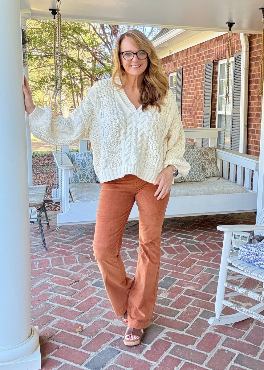 Caramel Corduroy Pull On Flares - corduroy flare jeans - Jimberly's Boutique - Olive Branch - Mississippi