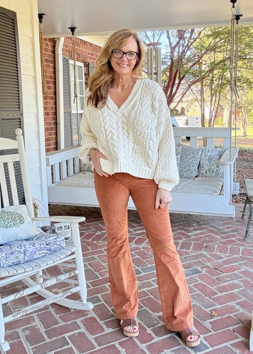 Caramel Corduroy Pull On Flares - corduroy flare jeans - Jimberly's Boutique - Olive Branch - Mississippi