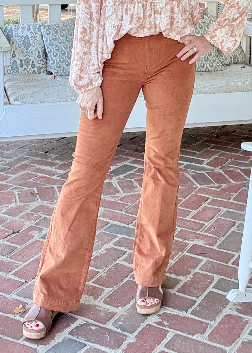 Caramel Corduroy Pull On Flares - corduroy flare jeans - Jimberly's Boutique - Olive Branch - Mississippi