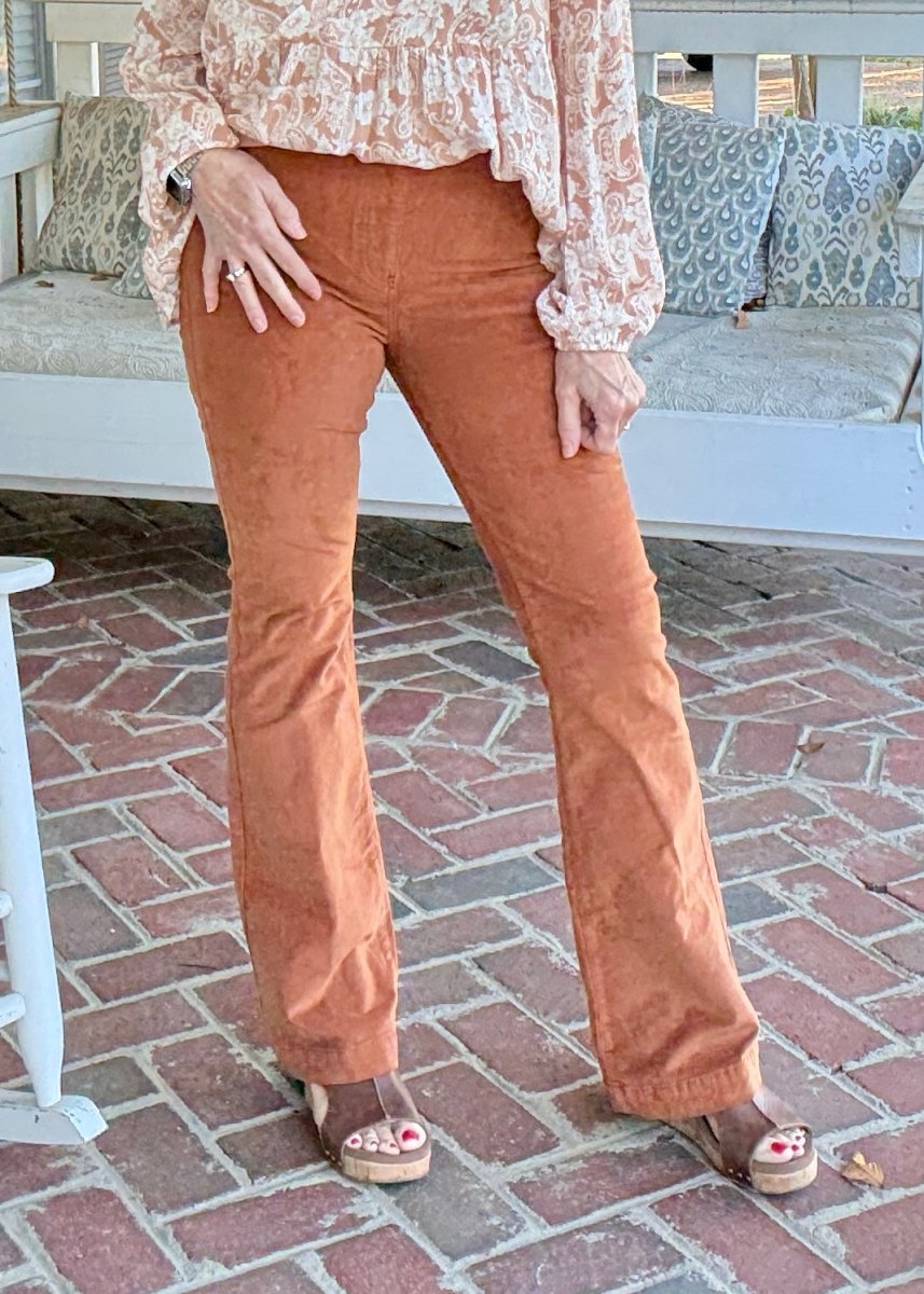 Caramel Corduroy Pull On Flares - corduroy flare jeans - Jimberly's Boutique - Olive Branch - Mississippi
