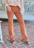 Caramel Corduroy Pull On Flares - corduroy flare jeans - Jimberly's Boutique - Olive Branch - Mississippi