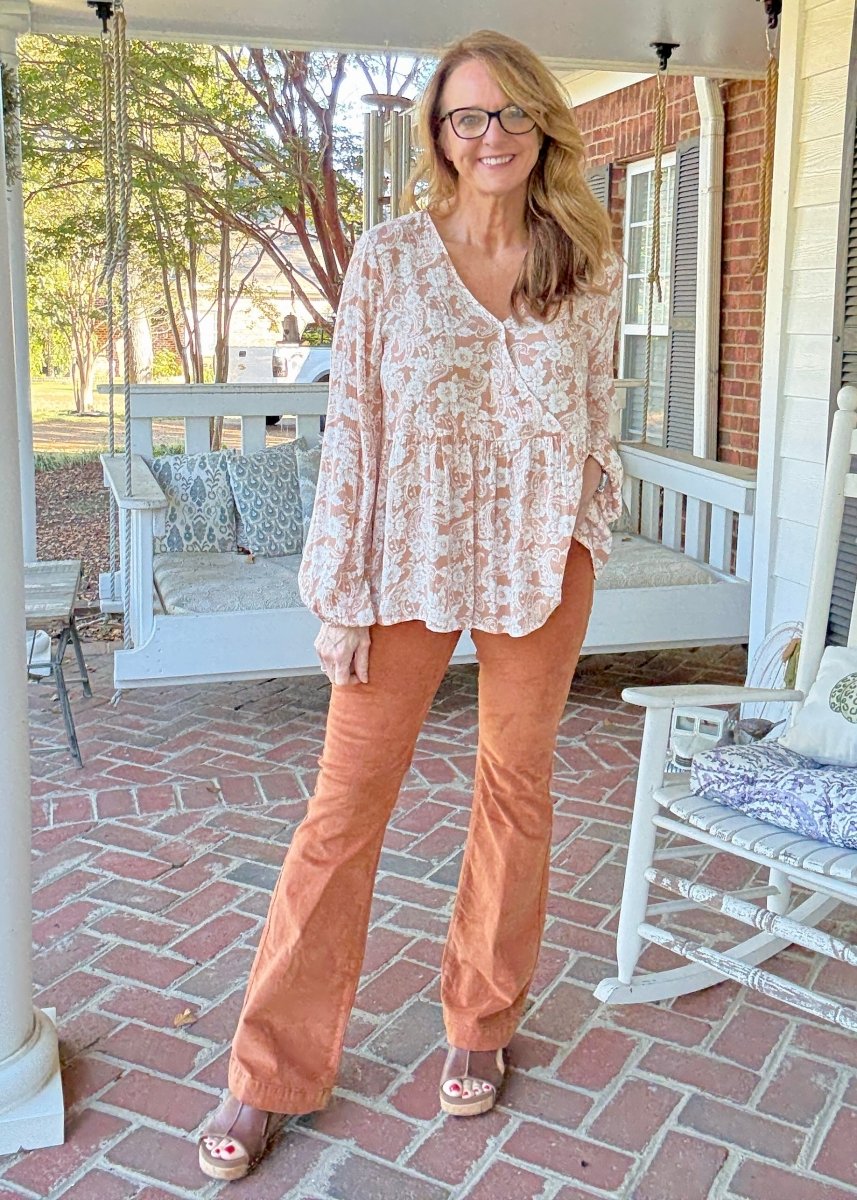 Caramel Corduroy Pull On Flares - corduroy flare jeans - Jimberly's Boutique - Olive Branch - Mississippi