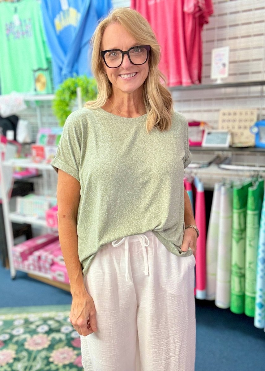 Carla Soft Melange Folded Sleeve Top - Lt Olive | Zenana - Casual Top -Jimberly's Boutique-Olive Branch-Mississippi