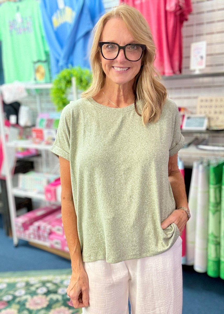 Carla Soft Melange Folded Sleeve Top - Lt Olive | Zenana - Casual Top -Jimberly's Boutique-Olive Branch-Mississippi