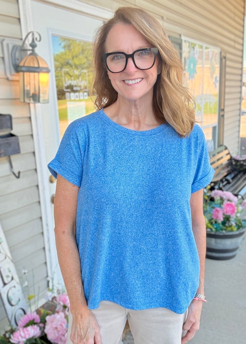 Carla Soft Melange Folded Sleeve Top - Ocean Blue | Zenana - Casual Top - Jimberly's Boutique - Olive Branch - Mississippi