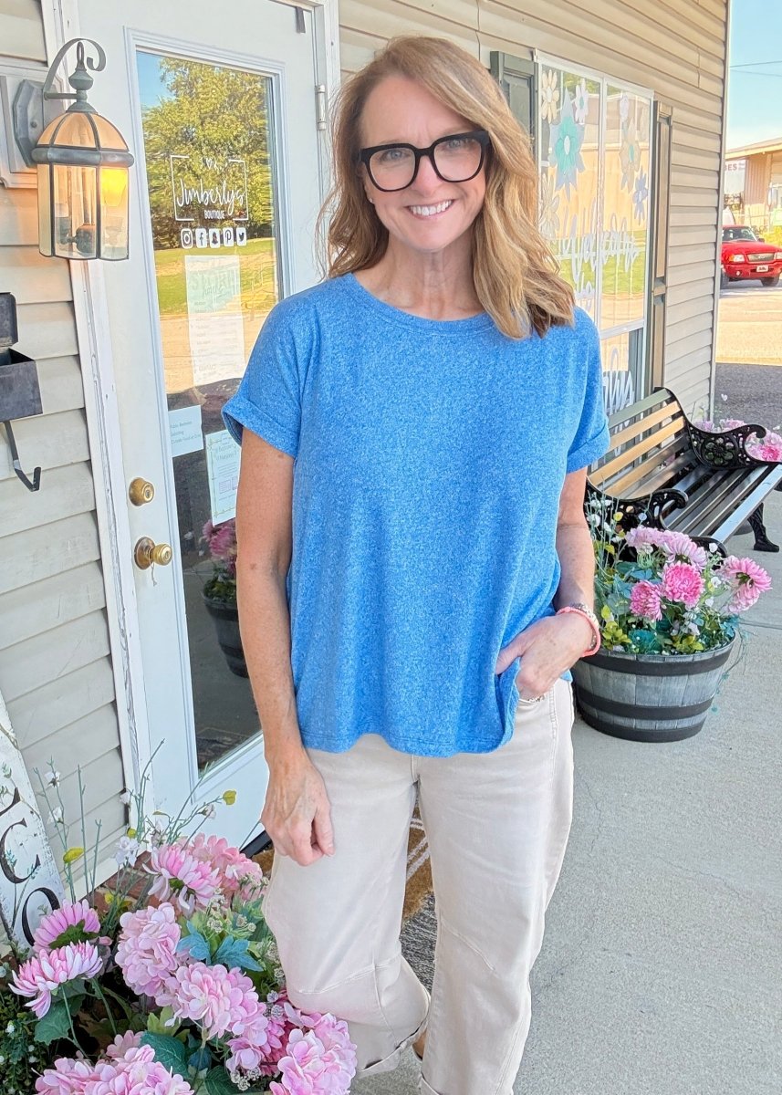 Carla Soft Melange Folded Sleeve Top - Ocean Blue | Zenana - Casual Top - Jimberly's Boutique - Olive Branch - Mississippi