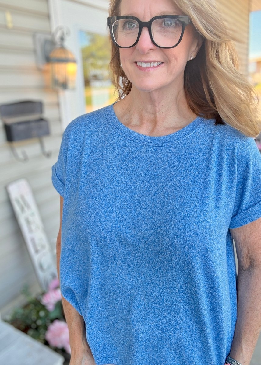 Carla Soft Melange Folded Sleeve Top - Ocean Blue | Zenana - Casual Top - Jimberly's Boutique - Olive Branch - Mississippi