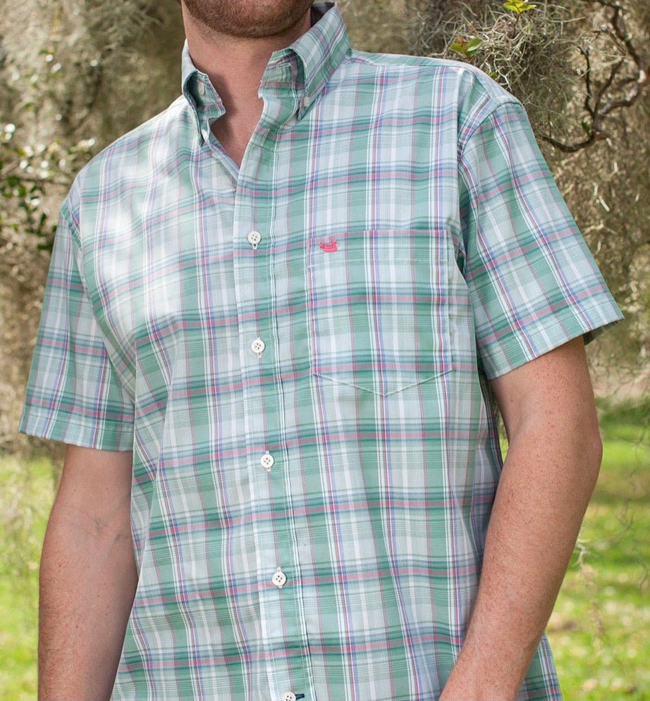 Catawba Plaid Dress Shirt - Short Sleeve-Sage & Pink - Men's Dress Shirt -Jimberly's Boutique-Olive Branch-Mississippi