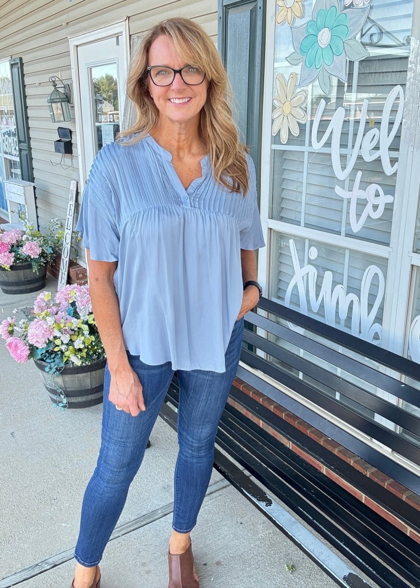 Chambray Pleated Detail Top - blouse - Jimberly's Boutique - Olive Branch - Mississippi