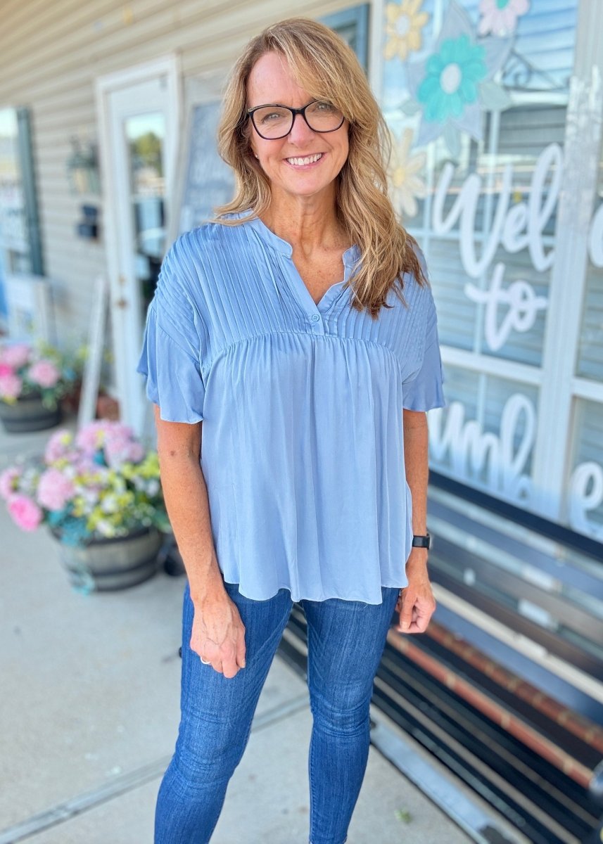 Chambray Pleated Detail Top - blouse - Jimberly's Boutique - Olive Branch - Mississippi