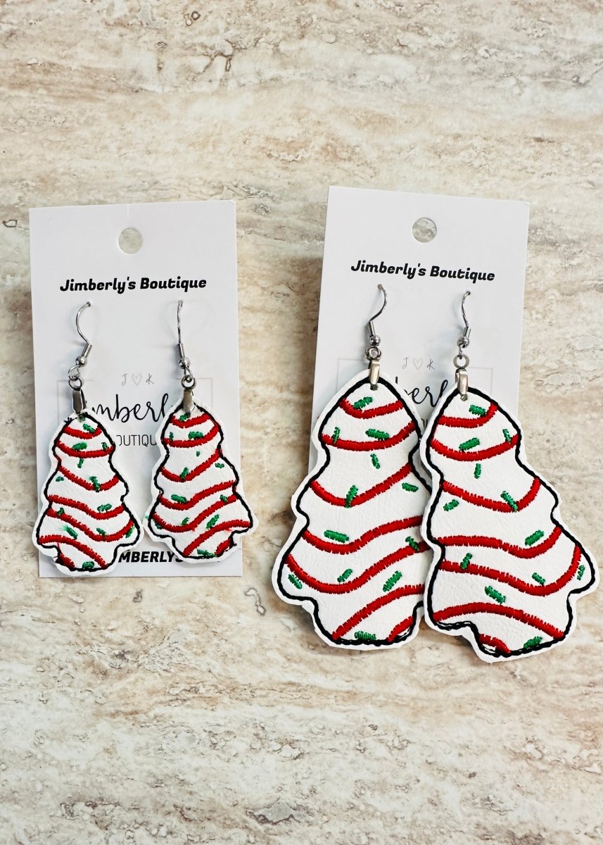 Christmas Tree Snack Cake Embroidered Dangle Earrings - earrings - Jimberly's Boutique - Olive Branch - Mississippi