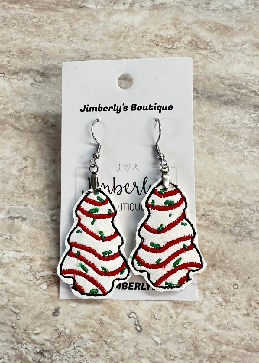 Christmas Tree Snack Cake Embroidered Dangle Earrings - earrings - Jimberly's Boutique - Olive Branch - Mississippi