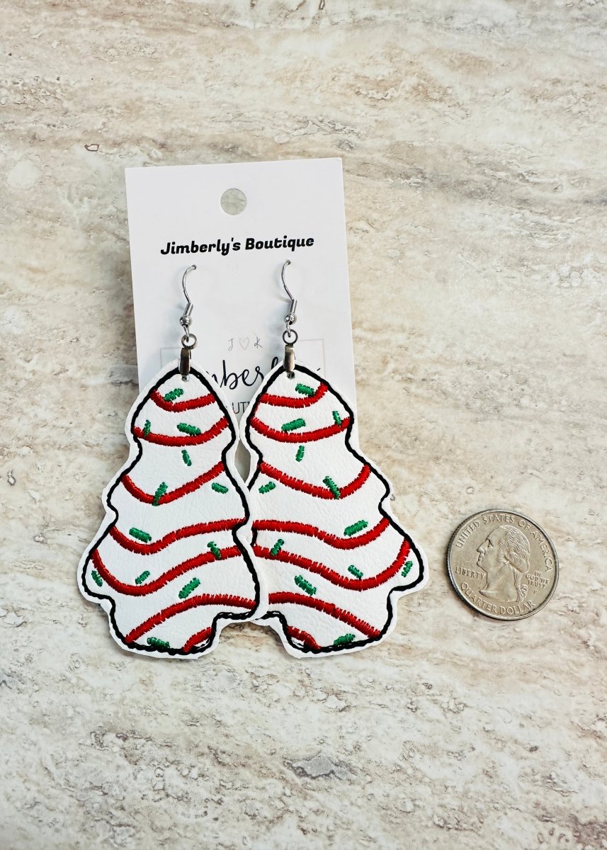 Christmas Tree Snack Cake Embroidered Dangle Earrings - earrings - Jimberly's Boutique - Olive Branch - Mississippi