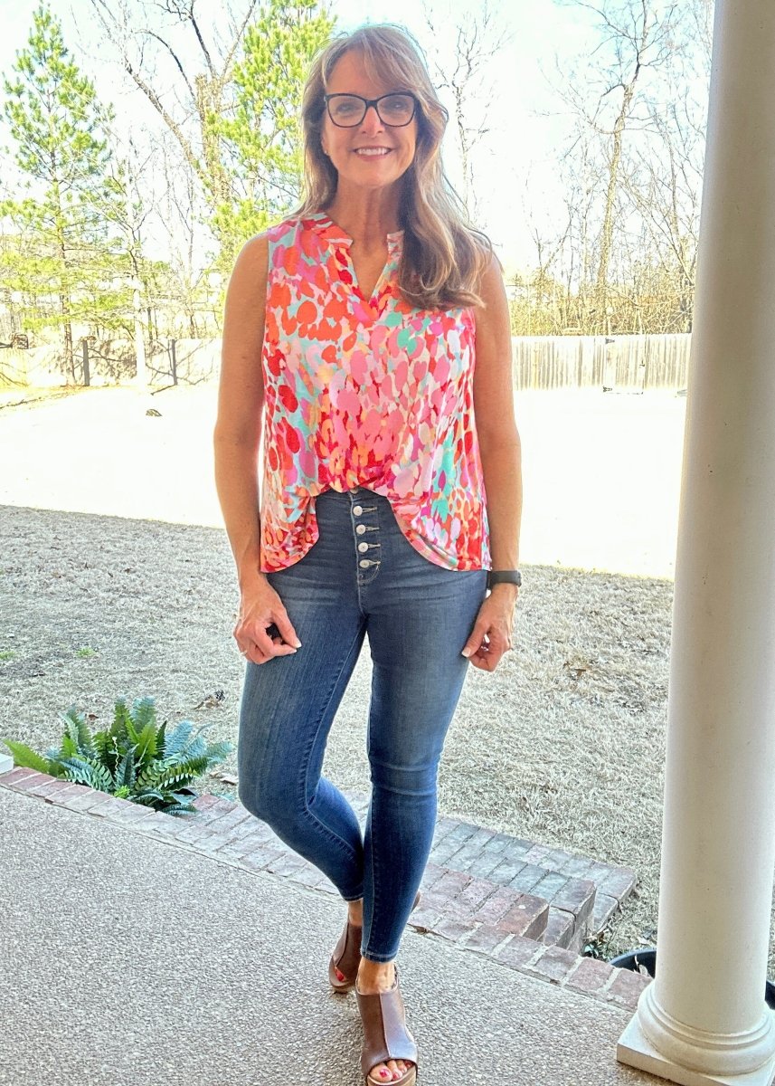 Colorful Sleeveless Tank - Aqua/Red | Dear Scarlett - Dear Scarlett Wrinkle Free Top - Jimberly's Boutique - Olive Branch - Mississippi