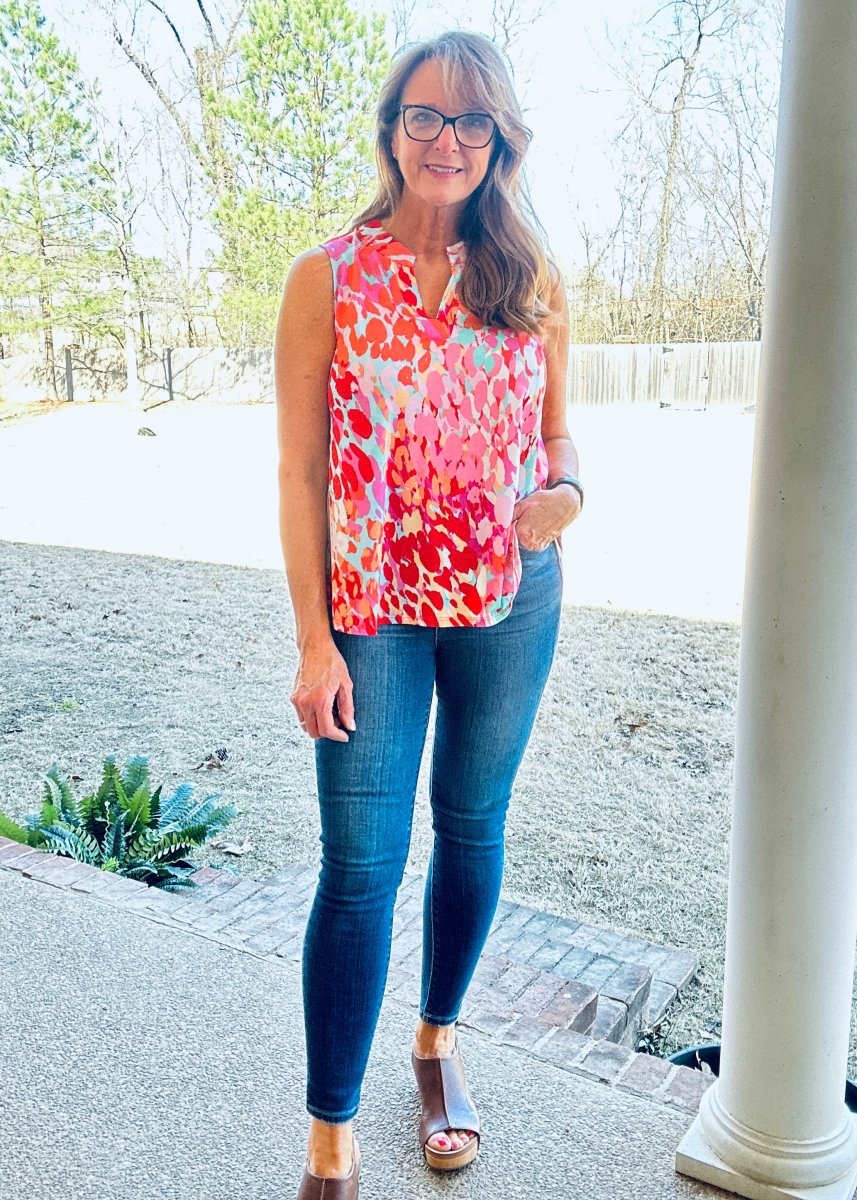 Colorful Sleeveless Tank - Aqua/Red | Dear Scarlett - Dear Scarlett Wrinkle Free Top - Jimberly's Boutique - Olive Branch - Mississippi