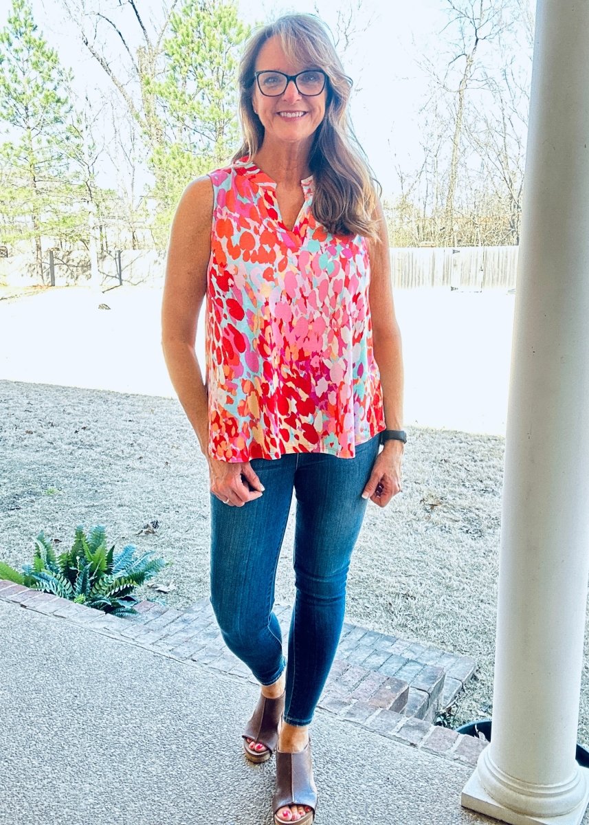 Colorful Sleeveless Tank - Aqua/Red | Dear Scarlett - Dear Scarlett Wrinkle Free Top - Jimberly's Boutique - Olive Branch - Mississippi