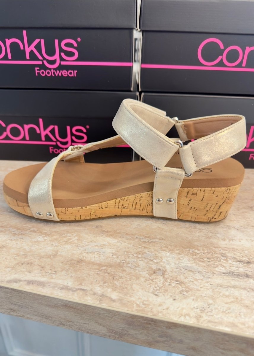 Corkys Don't Tempt Me Wedges - Gold Wash Metallic - Corky Carley Wedges - Jimberly's Boutique - Olive Branch - Mississippi