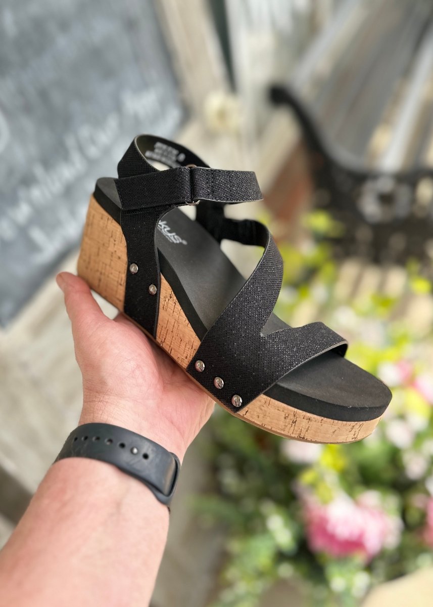 Corkys Wedge Sandals | Spring Fling | Black Shimmer - Corkys Wedge Sandals -Jimberly's Boutique-Olive Branch-Mississippi