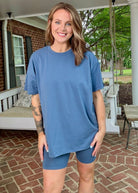 Cotton Crew Neck Biker Shorts Set - Dusty Blue - shorts set - Jimberly's Boutique - Olive Branch - Mississippi