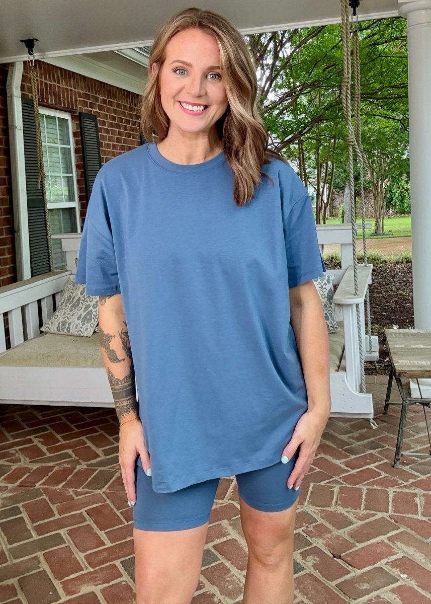 Cotton Crew Neck Biker Shorts Set - Dusty Blue - shorts set - Jimberly's Boutique - Olive Branch - Mississippi