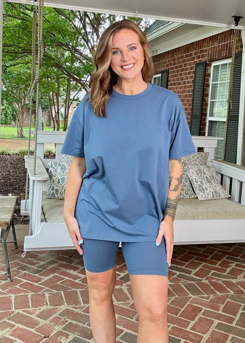 Cotton Crew Neck Biker Shorts Set - Dusty Blue - shorts set - Jimberly's Boutique - Olive Branch - Mississippi