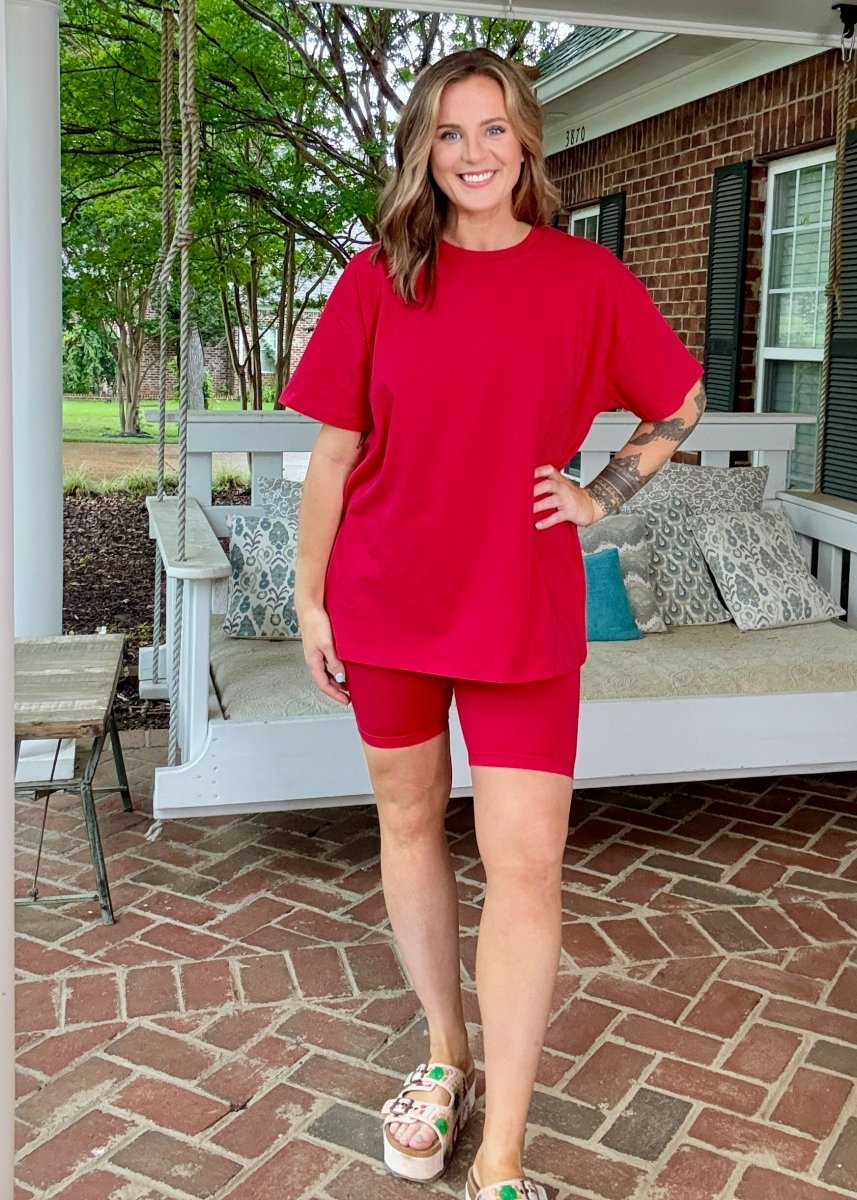 Cotton Crew Neck Biker Shorts Set - Ruby Red - shorts set - Jimberly's Boutique - Olive Branch - Mississippi