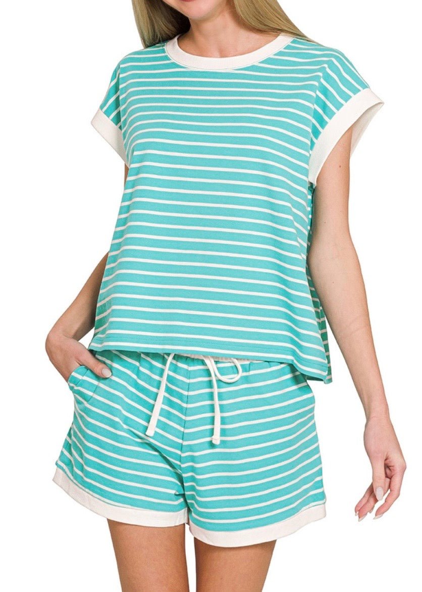 Cotton Striped Shorts Set - Turquoise - Shorts set - Jimberly's Boutique - Olive Branch - Mississippi