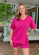 Cotton V Neck Biker Shorts Set - Hot Pink - shorts set - Jimberly's Boutique - Olive Branch - Mississippi