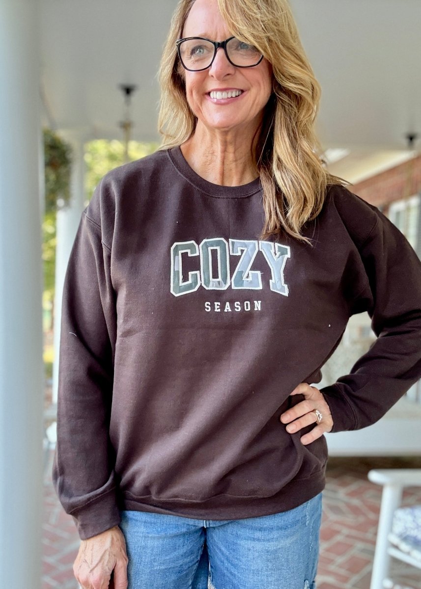 Cozy Season Camo Applique' Sweatshirt - Casual Sweatshirt - Jimberly's Boutique - Olive Branch - Mississippi