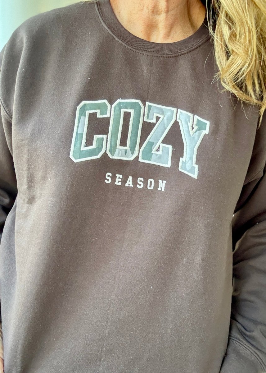 Cozy Season Camo Applique' Sweatshirt - Casual Sweatshirt - Jimberly's Boutique - Olive Branch - Mississippi