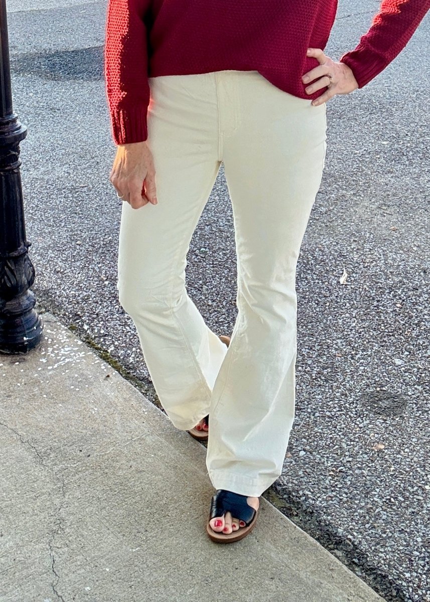 Cream Corduroy Pull On Flares - corduroy flare jeans - Jimberly's Boutique - Olive Branch - Mississippi