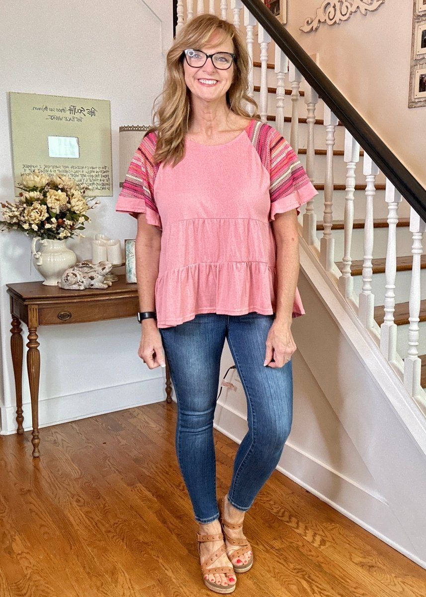 Crochet Striped Sleeve Top | Umgee - Casual Top - Jimberly's Boutique - Olive Branch - Mississippi